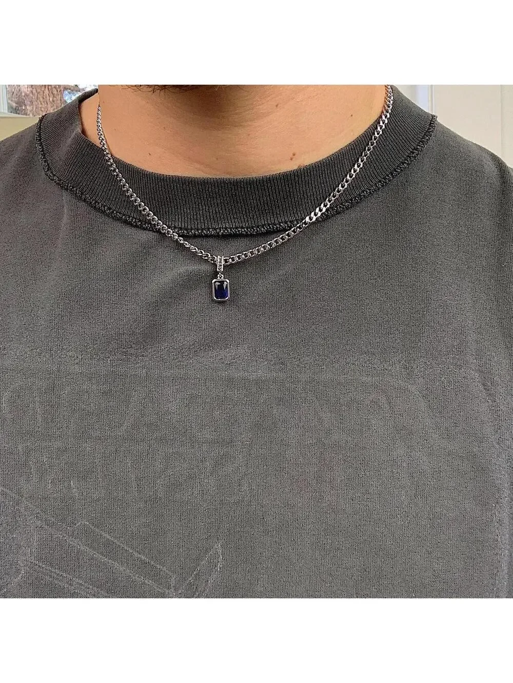 Sterling silver blue jewel pendant Cuban link choker necklace. Chain is unisex